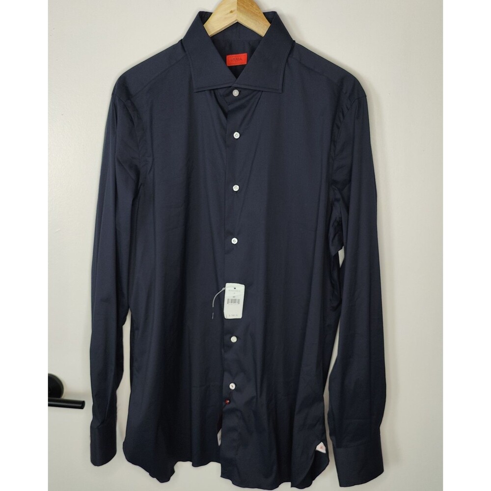 ISAIA NAPOLI Navy Blue Button Shirt Performance Mens Size 18/45 New $595